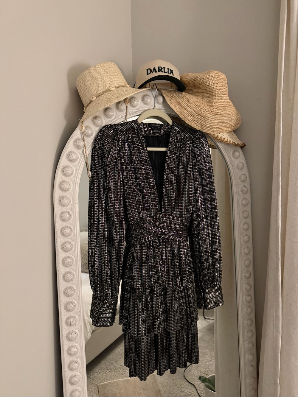 Sabina Musayev Black Metallic-Thread Long-Sleeve Tiered Dress